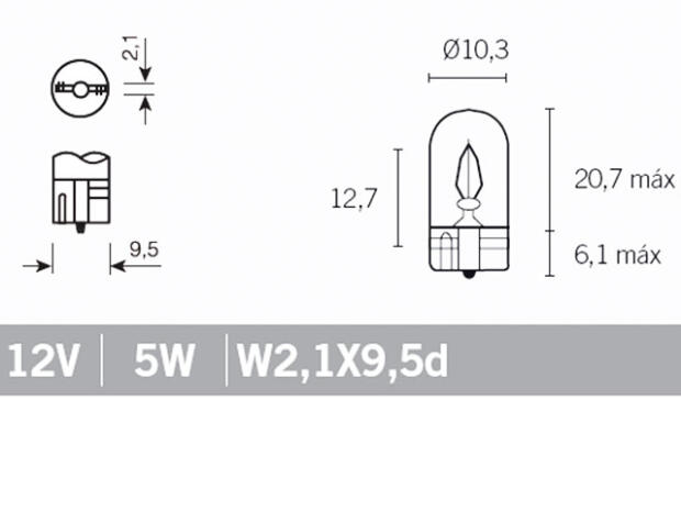 Standlicht- Instrumentenbirne 12V 5Watt Glassockel W2,1x9,5d