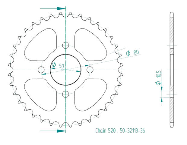 Aeon Cobra RS, RS Sport, Cobra 220, Utility, Overland, LG 125 - 150 -180, E-ton, Adly rear sprocket t.36