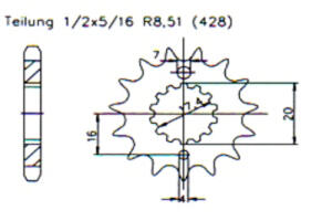 MZ 125 RT 00-01 front sprocket 16 teeth