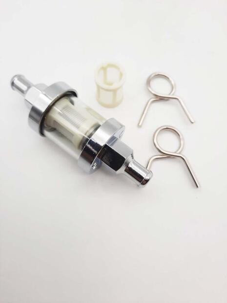 Benzinfilter chrom mit Schauglas und Wechselfilter für Schlauch-InnenØ 7,5-8mm
