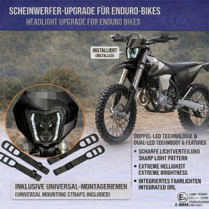 Scheinwerfer LED für KTM EXC / SX-F / SMC-R 250/350/450/500 Bj.17-21 Schwarz & Lampenschirm Komplettset