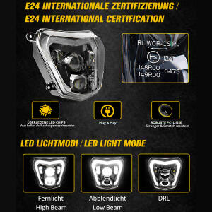 Scheinwerfer LED für KTM EXC / SX-F / SMC-R 250/350/450/500 Bj.17-21 Schwarz & Lampenschirm Komplettset