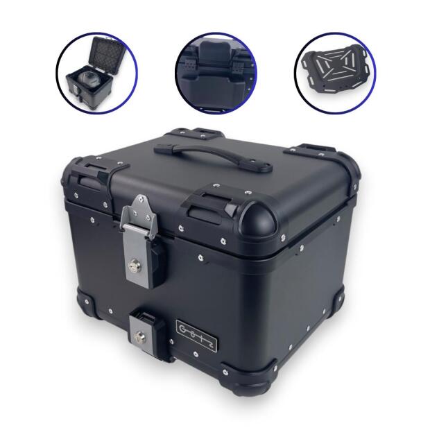 Alukoffer Pro3 rund Schwarz 45 Liter mit universal Topcase Träger für Motorrad/ Quad/ Roller