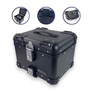 Alukoffer Pro3 rund Schwarz 45 Liter mit universal Topcase Träger für Motorrad/ Quad/ Roller