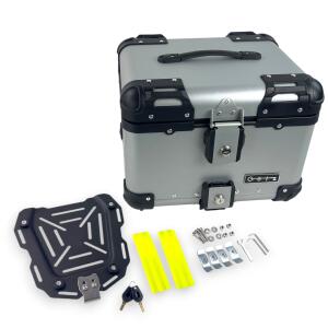 Alukoffer Pro3 rund Silber 45 Liter mit universal Topcase Träger für Motorrad/ Quad/ Roller