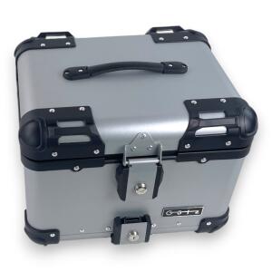 Alukoffer Pro3 rund Silber 45 Liter mit universal Topcase Träger für Motorrad/ Quad/ Roller