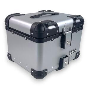 Alukoffer Pro3 rund Silber 45 Liter mit universal Topcase Träger für Motorrad/ Quad/ Roller