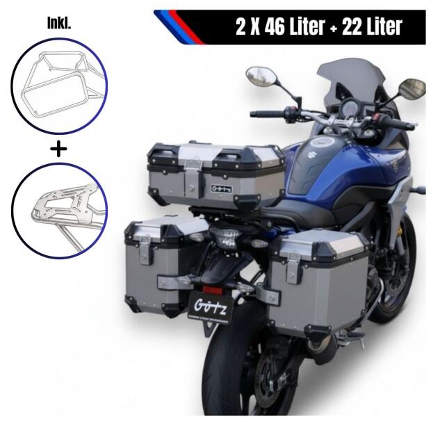 Alukofferset & Träger Silber für BMW R 1300 GS 22L & 2x 46l Top & Seitenkoffer