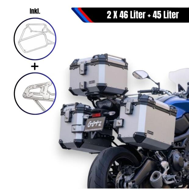 Alukofferset & Träger Silber für BMW R 1300 GS 45L & 2x 46l Top & Seitenkoffer