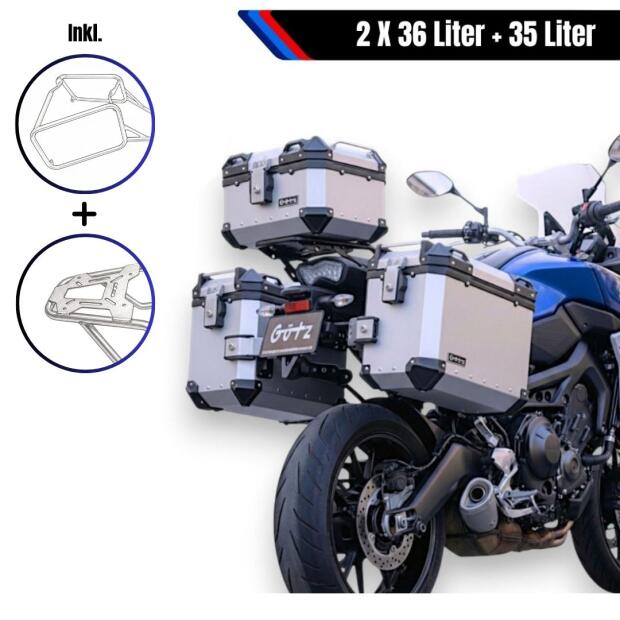 Alukofferset & Träger Silber für BMW R 1300 GS 35L & 2x 36l Top & Seitenkoffer