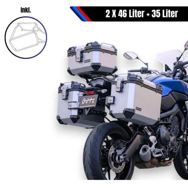 Alukofferset & Träger Silber für Kawasaki Versys 650 35L & 2X46L Top & Seitenkoffer