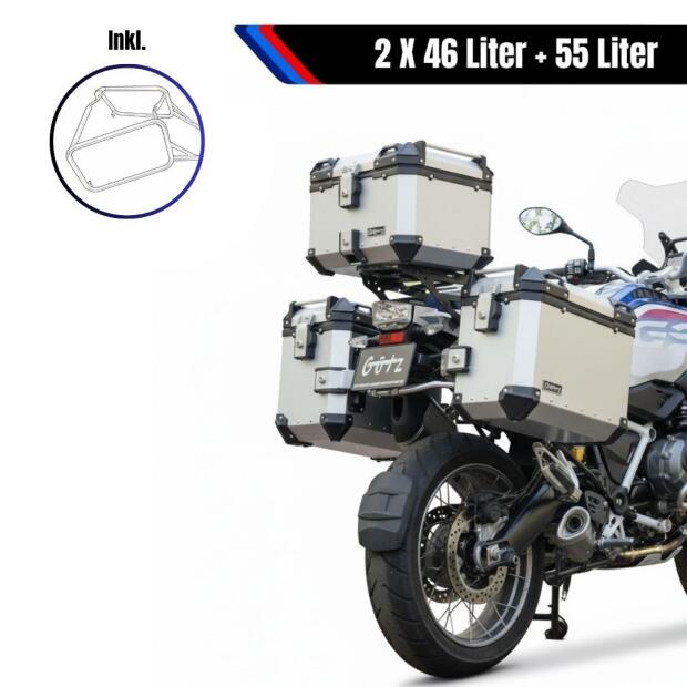 Alukofferset & Träger Silber für Kawasaki Versys 650 55L & 2X46L Top & Seitenkoffer