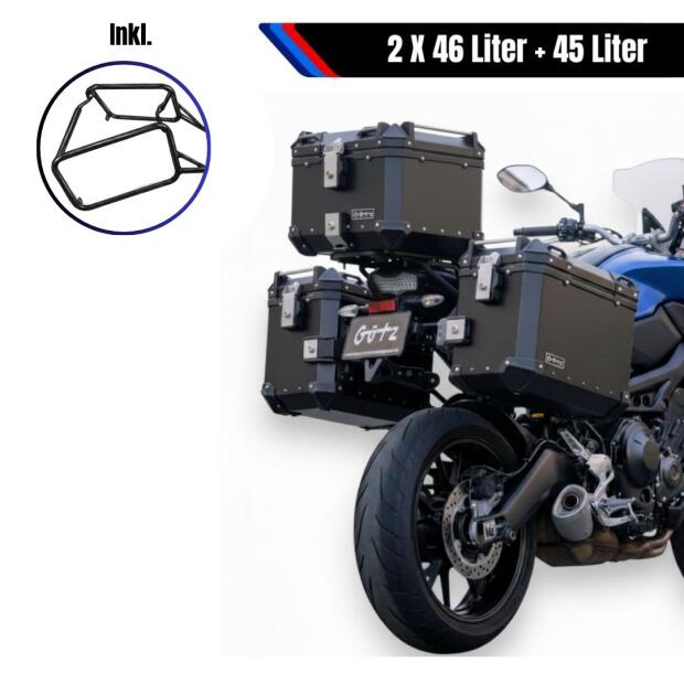 Alukofferset & Träger Schwarz für Honda XL 750 45L & 2X46L Top & Seitenkoffer