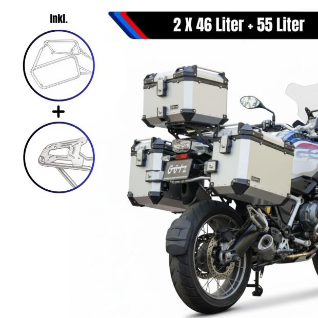 Alukofferset & Träger Silber für Honda NC 750 X 55L & 2x46L Top & Seitenkoffer