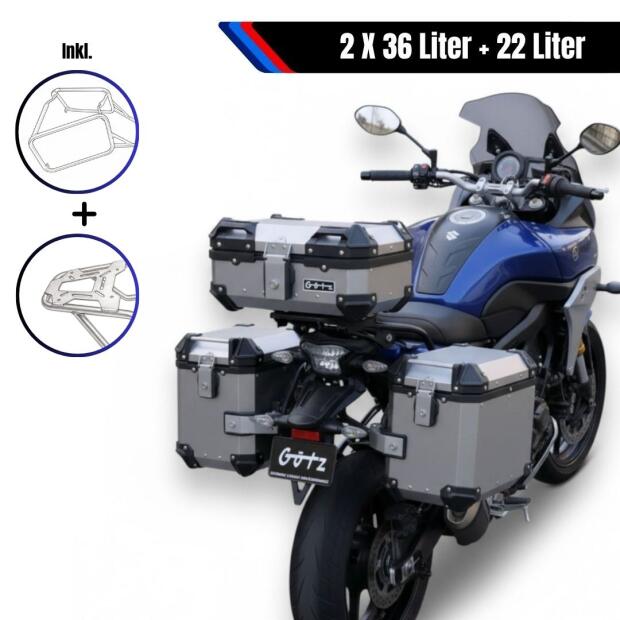 Alukofferset & Träger Silber für Honda NC 750 X 22L & 2x36L Top & Seitenkoffer
