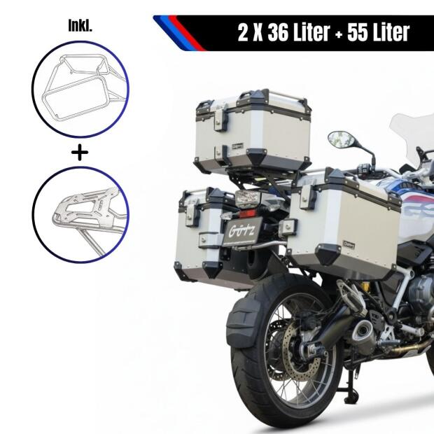 Alukofferset & Träger Silber für Honda NC 750 X 55L & 2x36L Top & Seitenkoffer