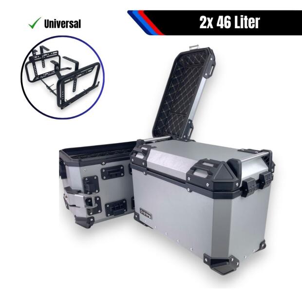 Motorrad Seitenkoffersystem 2x46L silber & Universal Träger