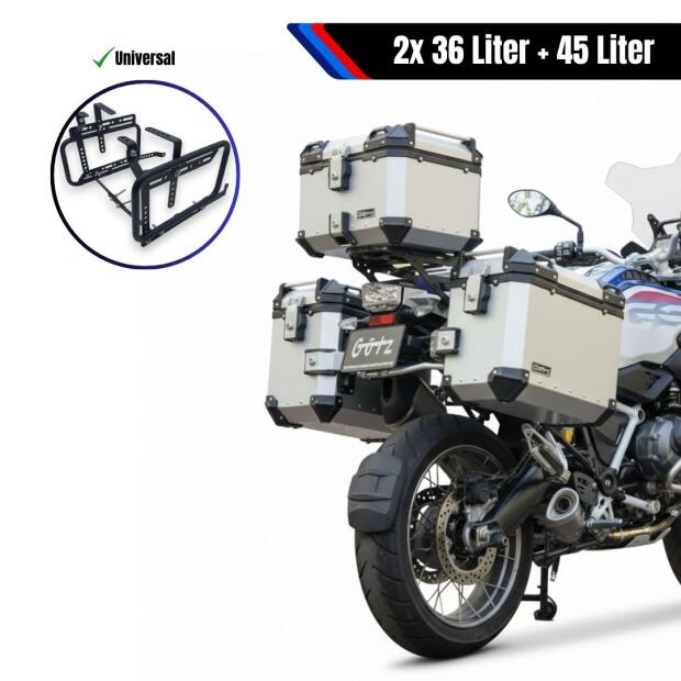 Alukofferset & universal Träger für Motorrad 45L & 36L silber Top & Seitenkoffer