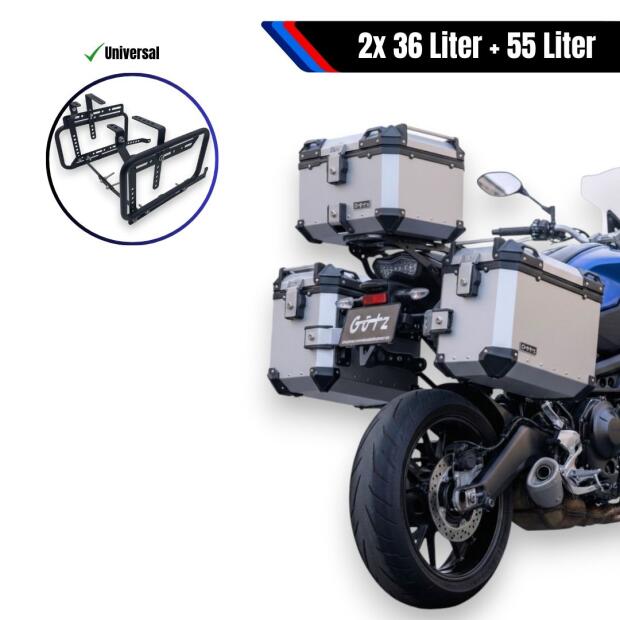Alukofferset & universal Träger 55L & 36L silber Top & Seitenkoffer Motorrad