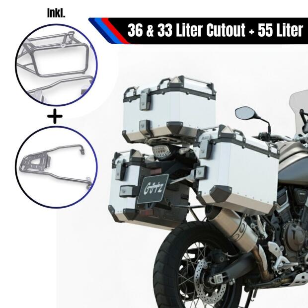 Alukofferset & Träger Silber für Harley RA1250 Pan America 55L & 36L+33L Cutout