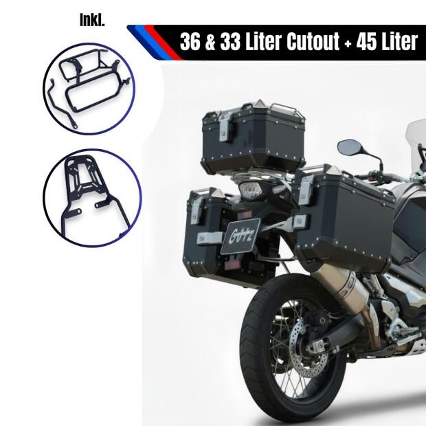 Alukofferset & Träger Schwarz für Honda X-ADV 750 45L & 36L+33L Cutout